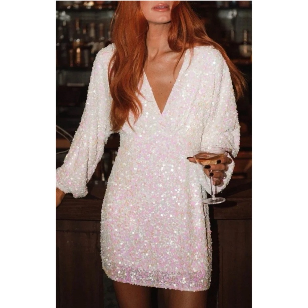 Show Me Your Mumu Kidman Dress Women XL White Sequin Mini Long Sleeve Glam Party